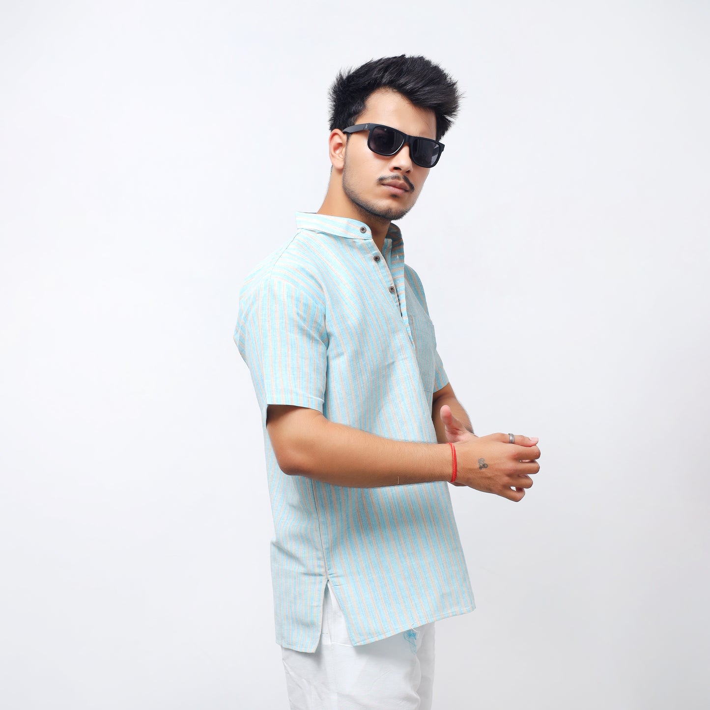 Golden Striped Half Sleeves Short Kurta-Blue