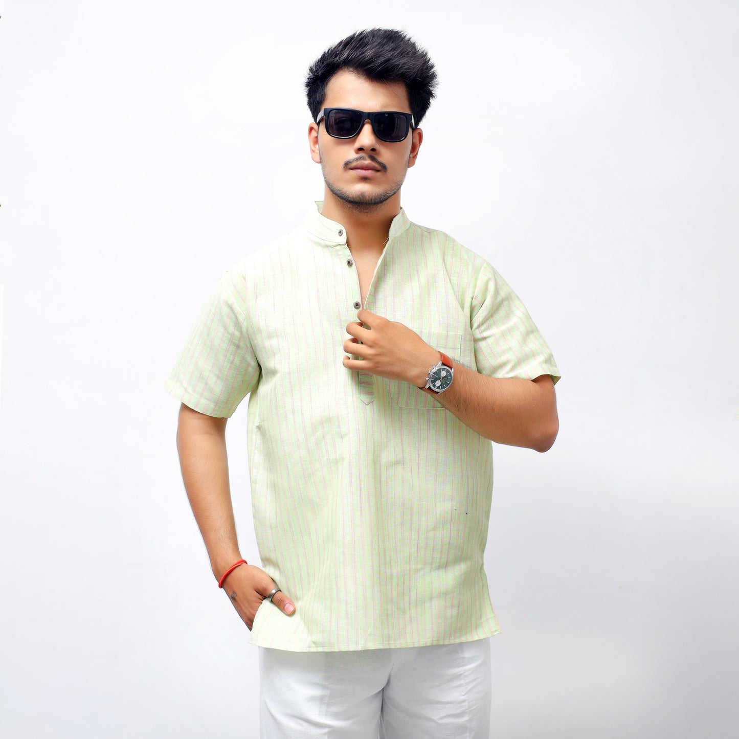 Golden Striped Half Sleeves Short Kurta-Green
