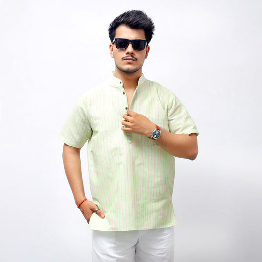 Golden Striped Half Sleeves Short Kurta-Green
