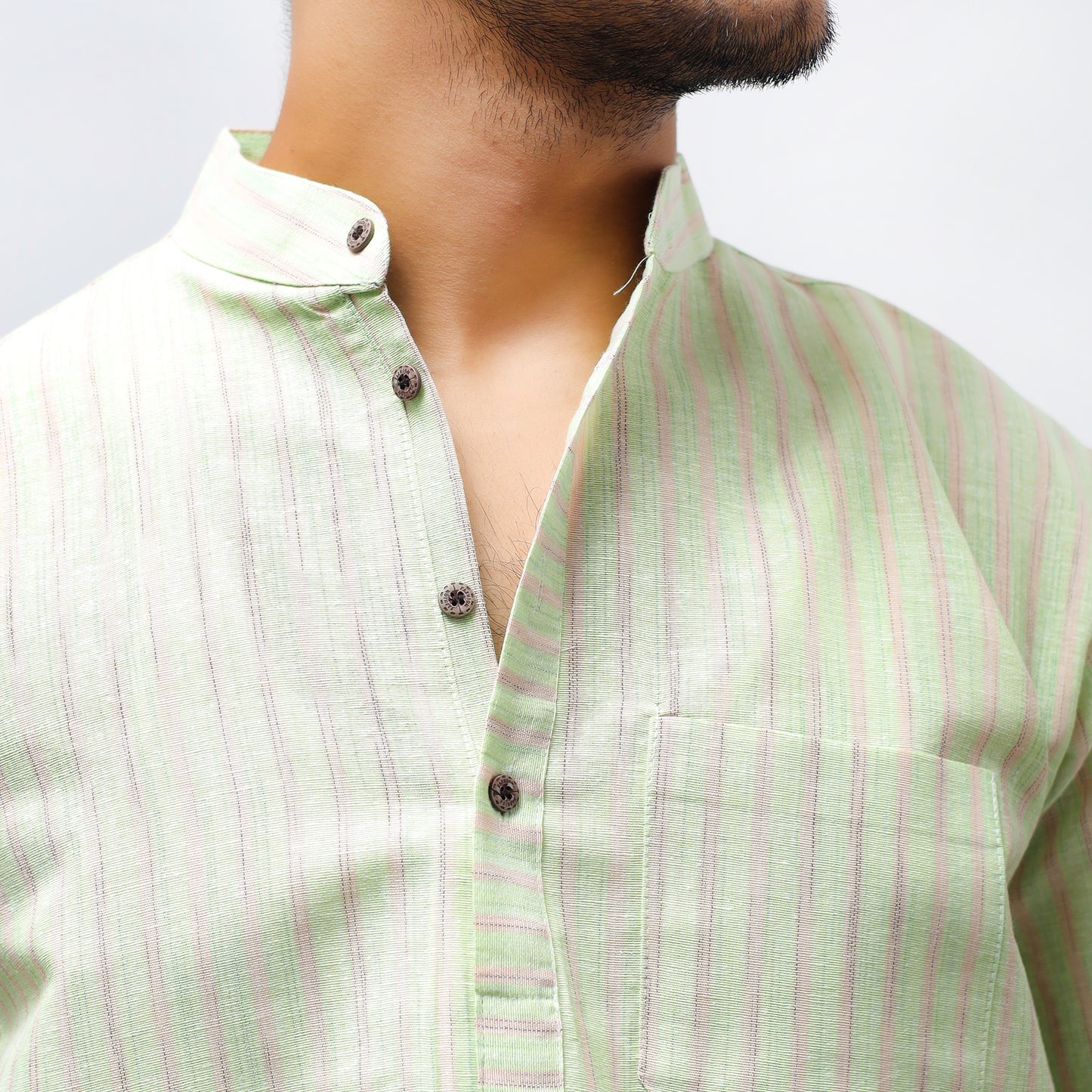 Golden Striped Half Sleeves Short Kurta-Green