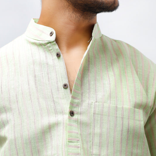 Golden Striped Half Sleeves Short Kurta-Green