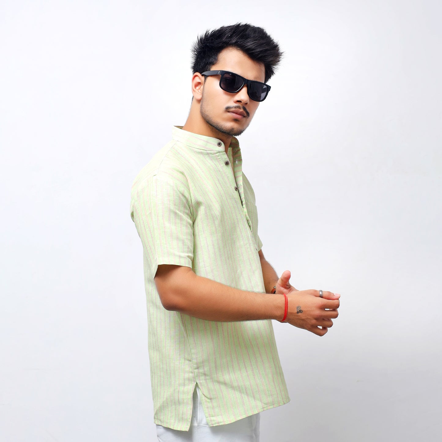 Golden Striped Half Sleeves Short Kurta-Green