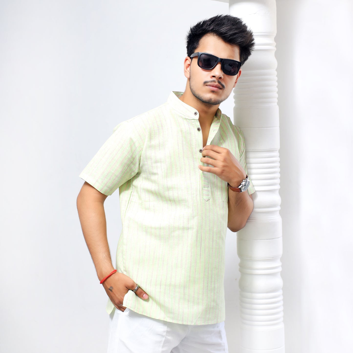 Golden Striped Half Sleeves Short Kurta-Green