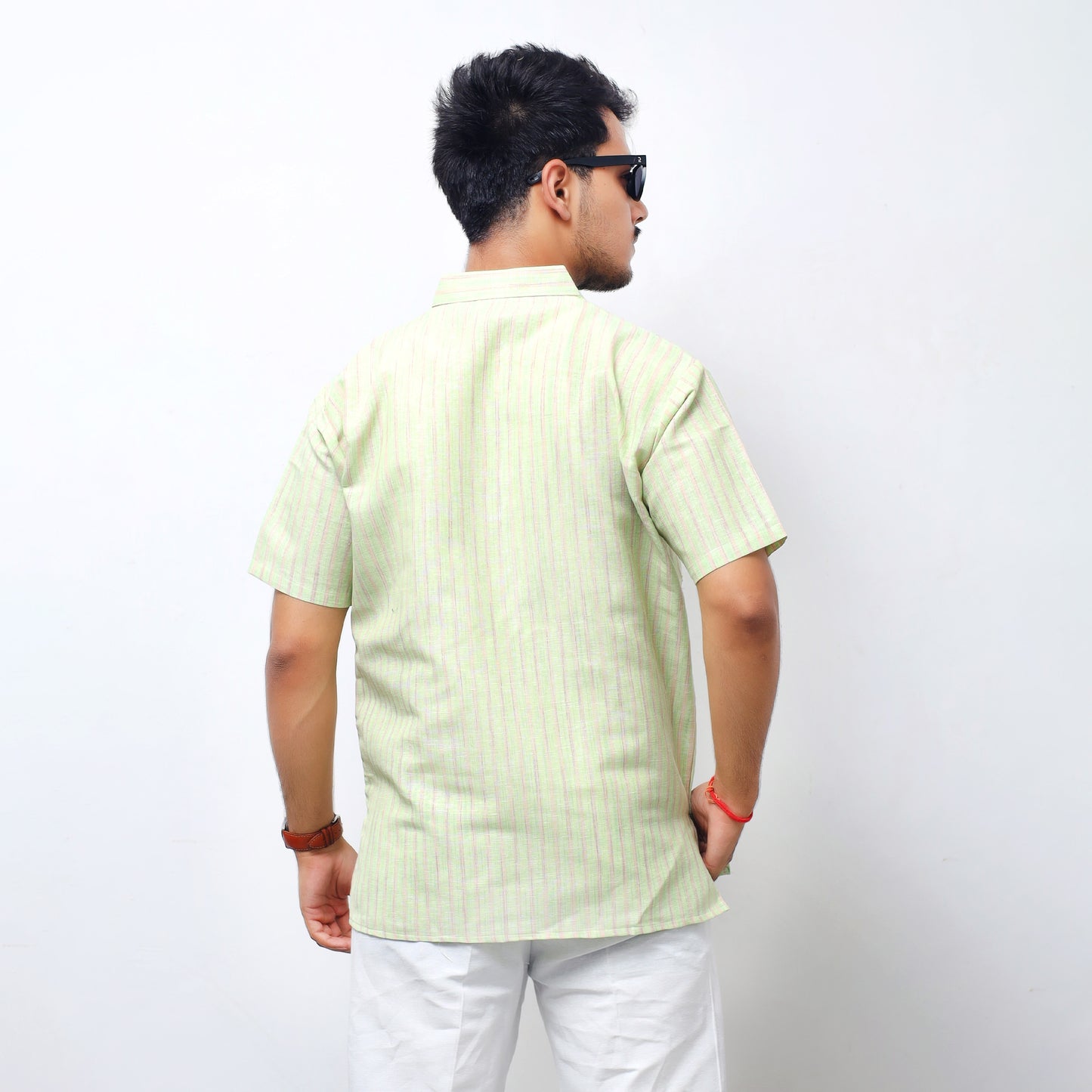 Golden Striped Half Sleeves Short Kurta-Green