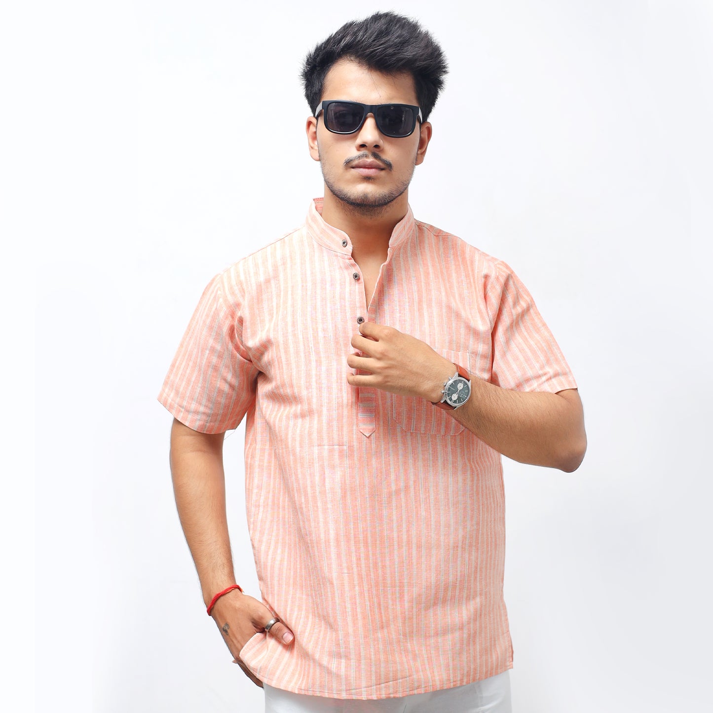 Golden Striped Half Sleeves Short Kurta-Orange