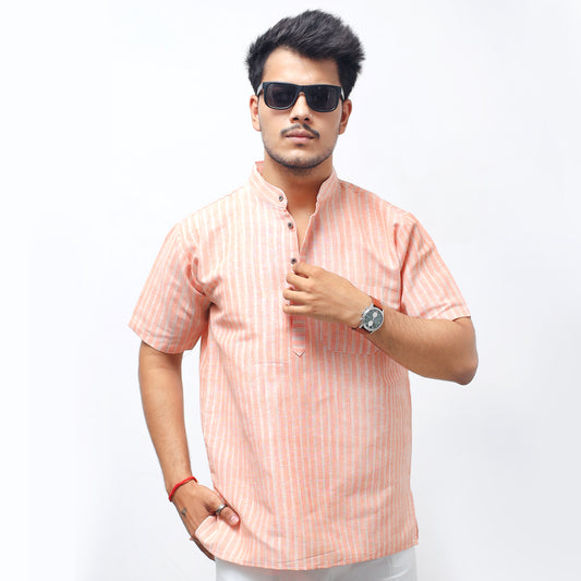 Golden Striped Half Sleeves Short Kurta-Orange