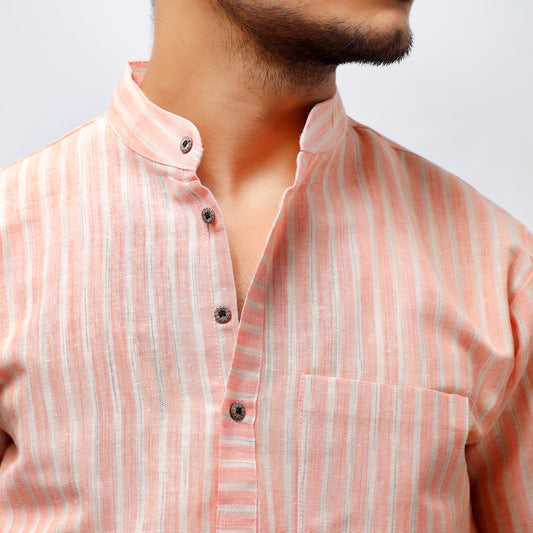Golden Striped Half Sleeves Short Kurta-Orange