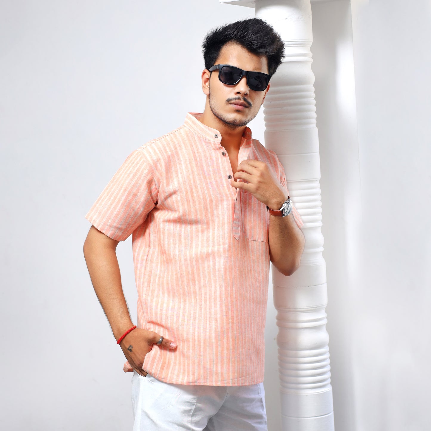 Golden Striped Half Sleeves Short Kurta-Orange
