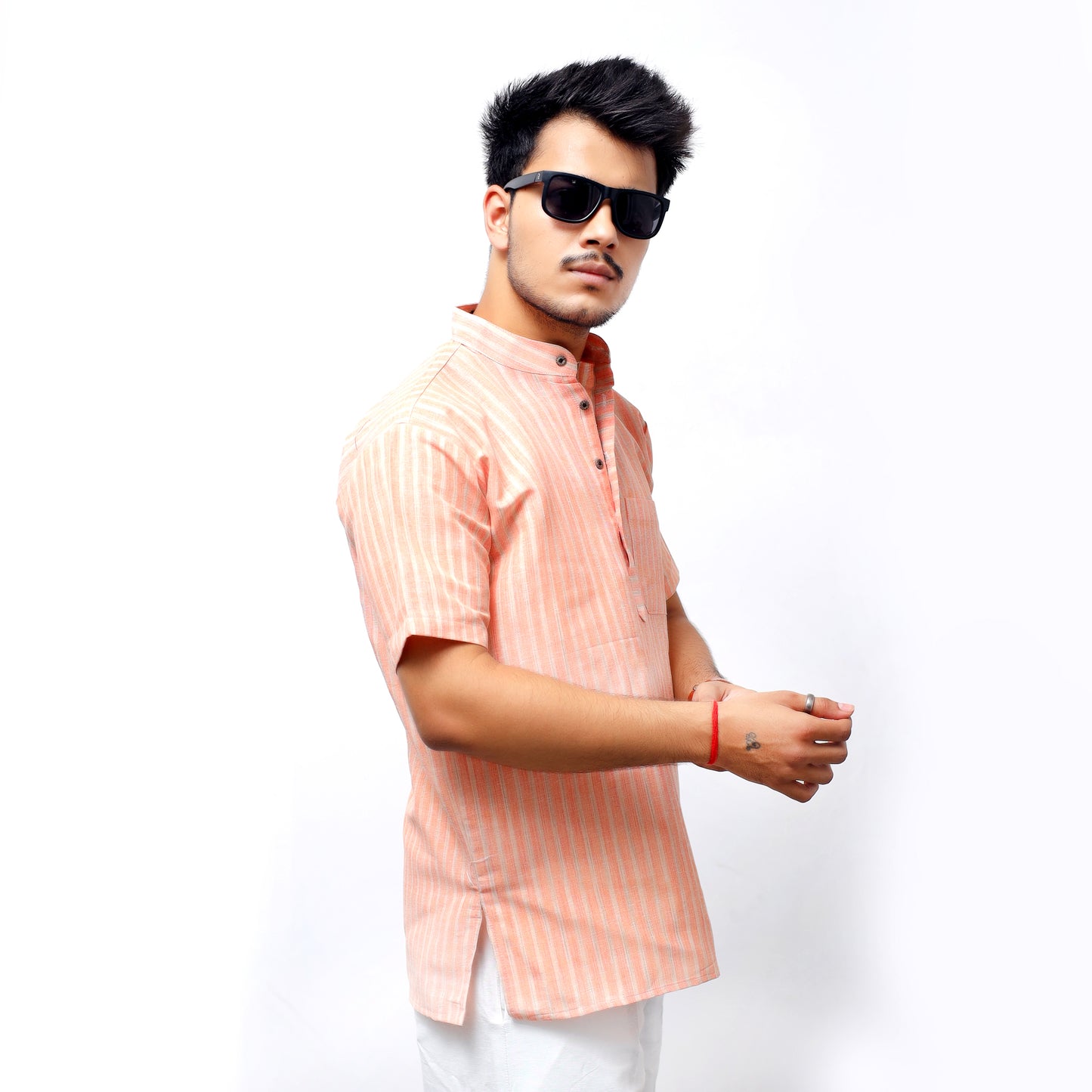 Golden Striped Half Sleeves Short Kurta-Orange