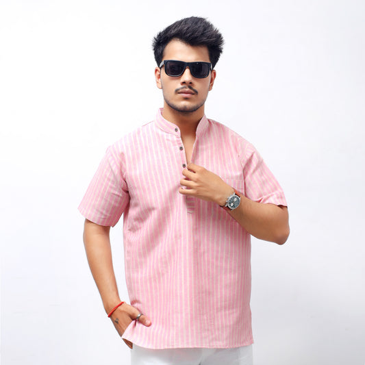 Golden Striped Half Sleeves Short Kurta-Pink