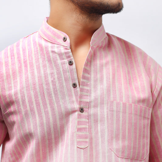 Golden Striped Half Sleeves Short Kurta-Pink