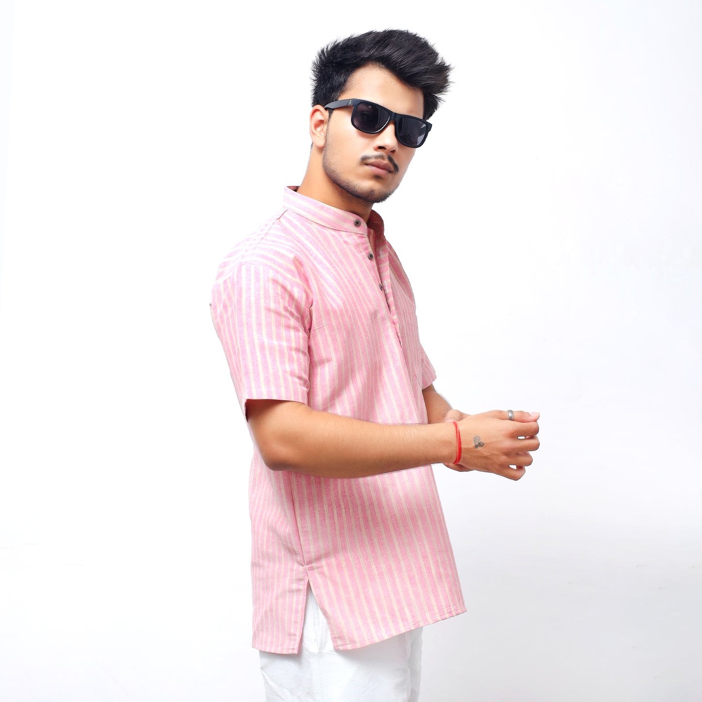 Golden Striped Half Sleeves Short Kurta-Pink