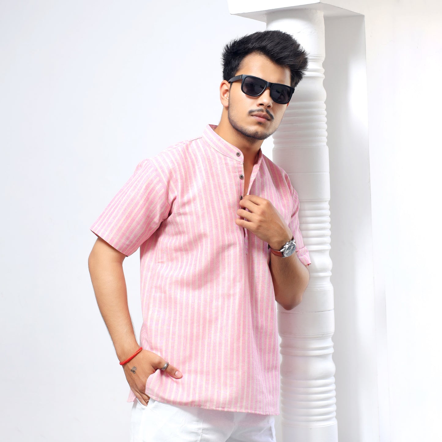 Golden Striped Half Sleeves Short Kurta-Pink