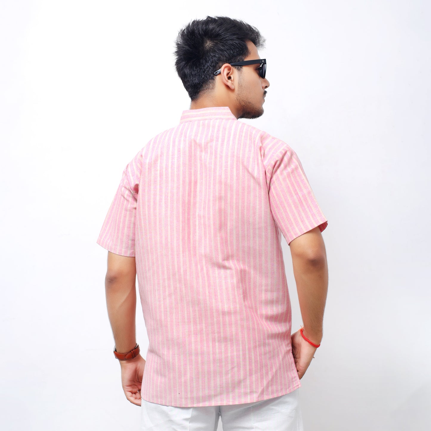 Golden Striped Half Sleeves Short Kurta-Pink
