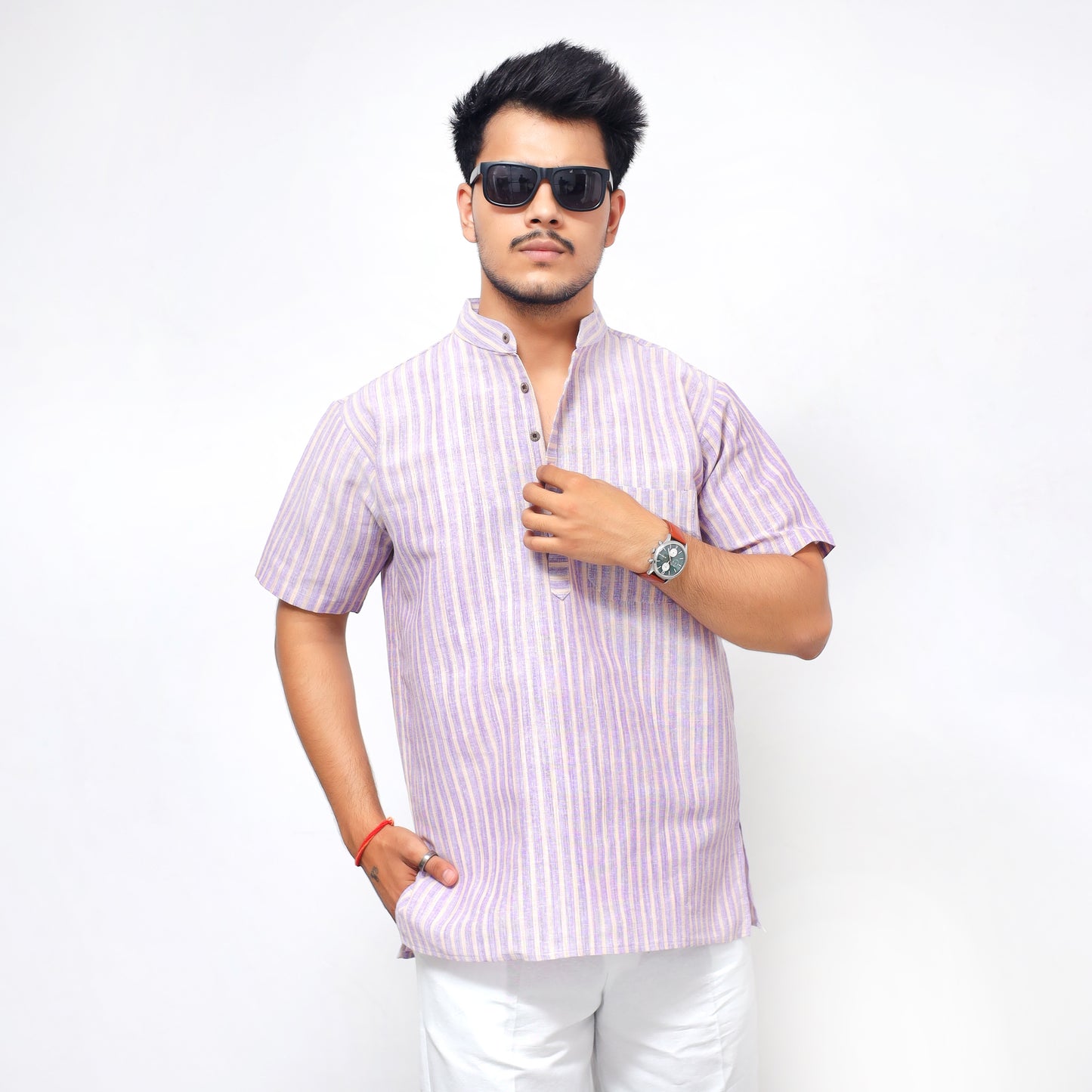 Golden Striped Half Sleeves Short Kurta-Purple