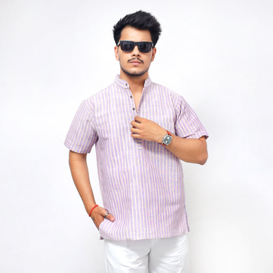 Golden Striped Half Sleeves Short Kurta-Purple
