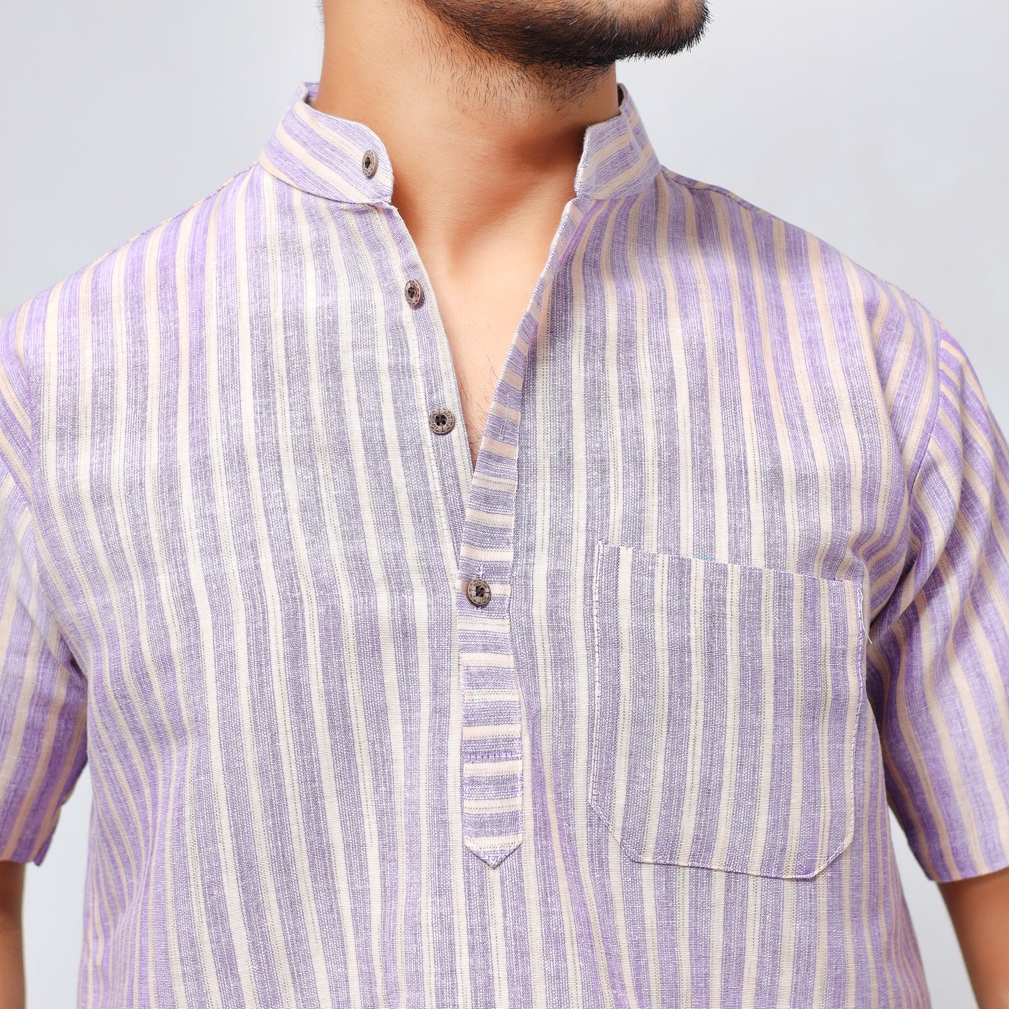 Golden Striped Half Sleeves Short Kurta-Purple