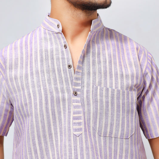 Golden Striped Half Sleeves Short Kurta-Purple