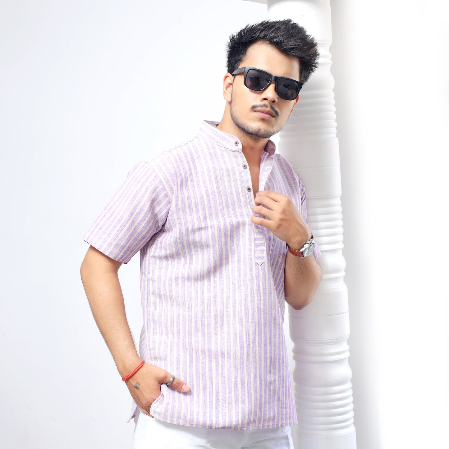 Golden Striped Half Sleeves Short Kurta-Purple