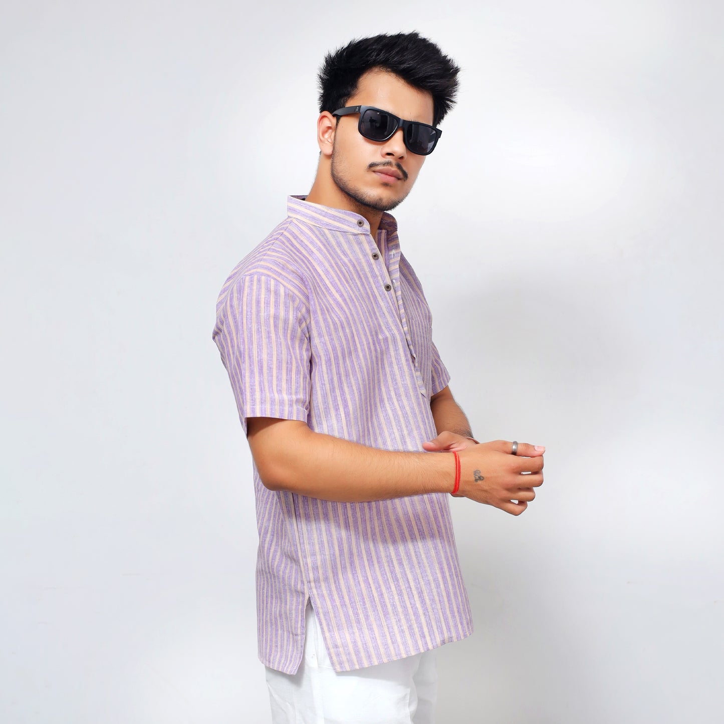 Golden Striped Half Sleeves Short Kurta-Purple