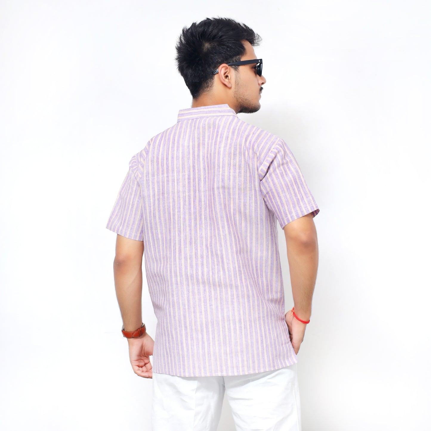Golden Striped Half Sleeves Short Kurta-Purple