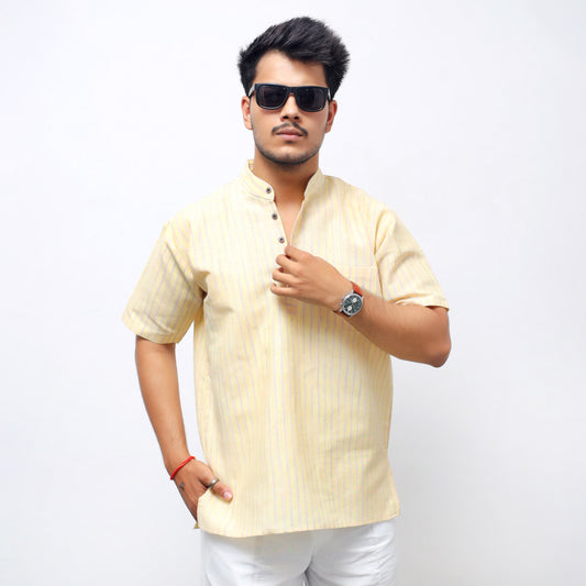 Golden Striped Half Sleeves Short Kurta-Yellow