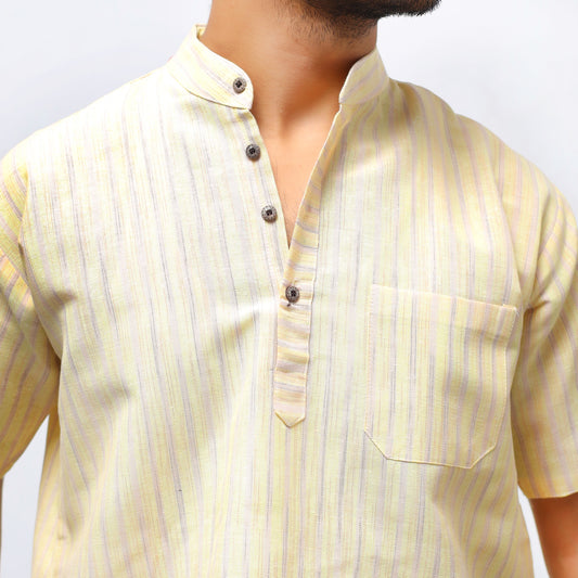 Golden Striped Half Sleeves Short Kurta-Yellow