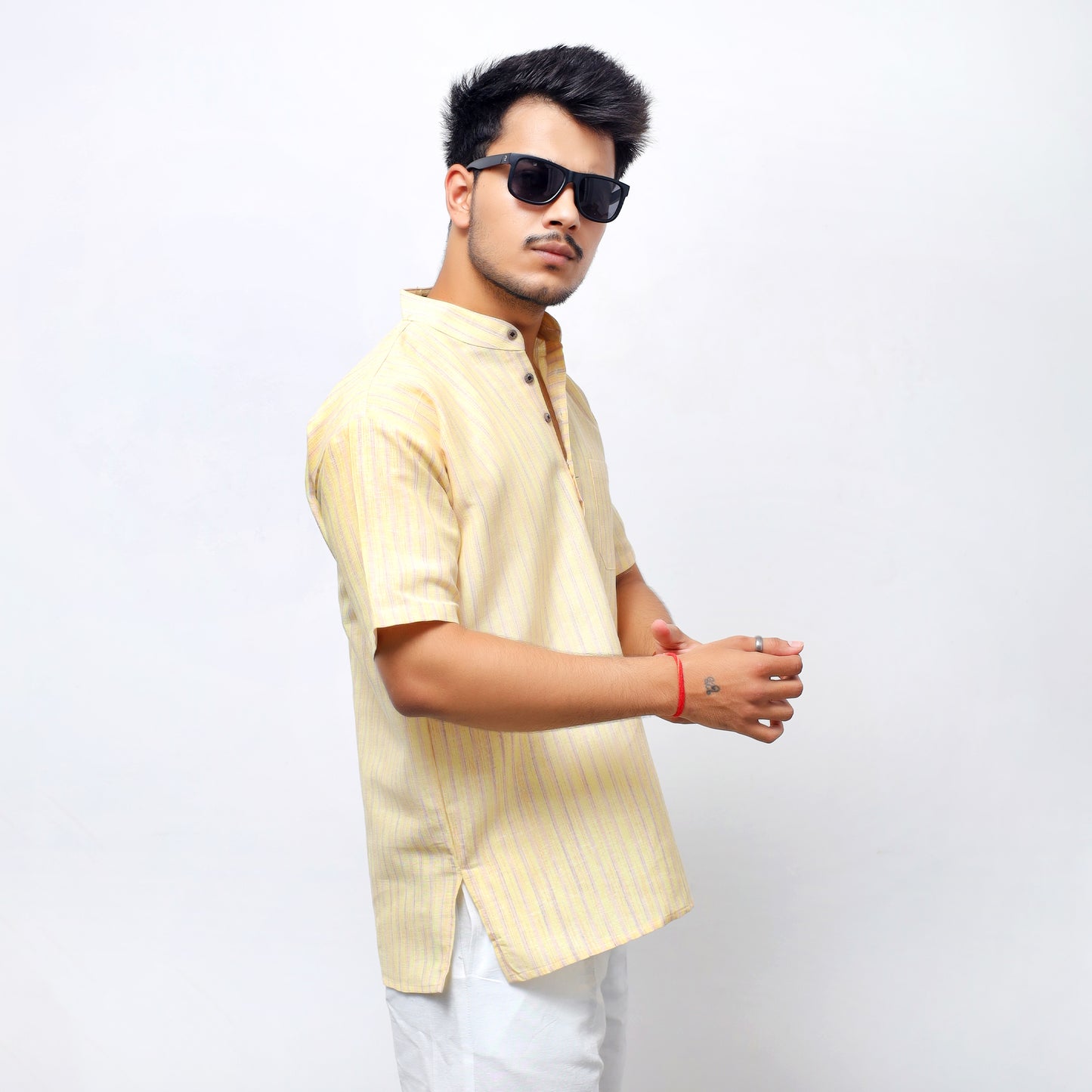 Golden Striped Half Sleeves Short Kurta-Yellow
