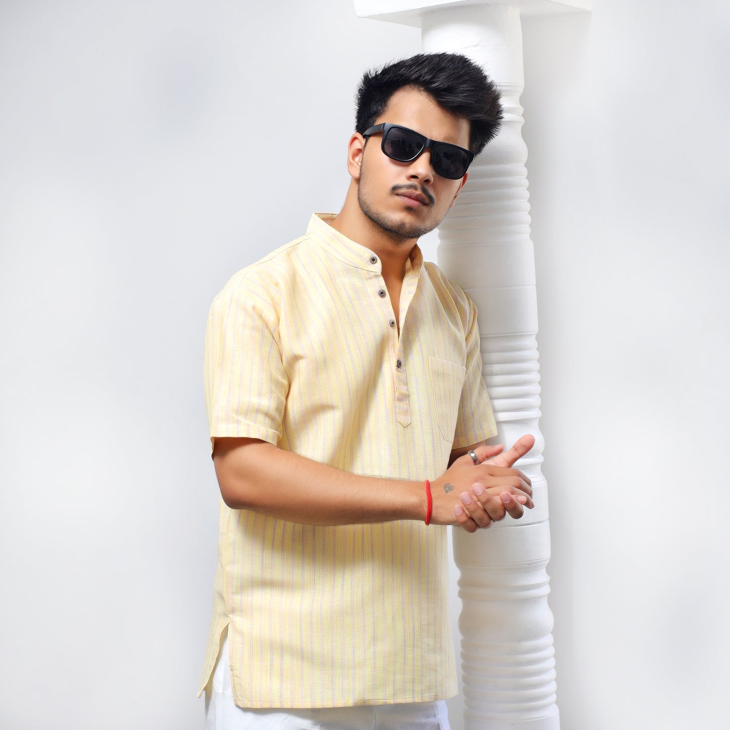 Golden Striped Half Sleeves Short Kurta-Yellow