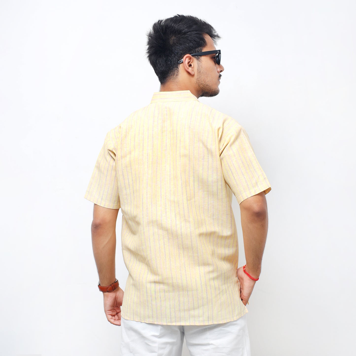 Golden Striped Half Sleeves Short Kurta-Yellow