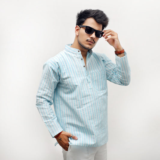 White Striped Full Sleeves Short Kurta-Blue