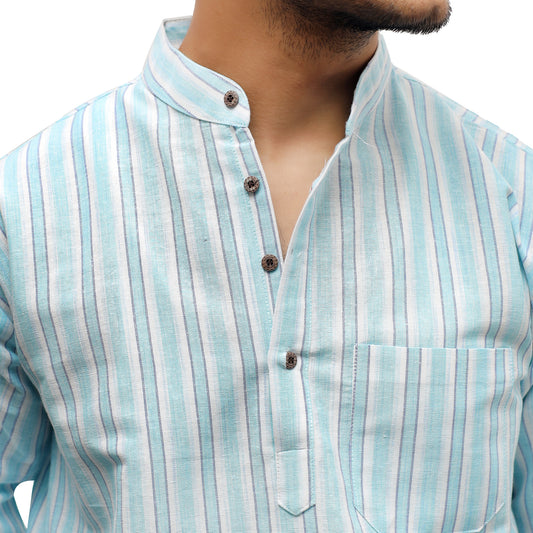 White Striped Full Sleeves Short Kurta-Blue