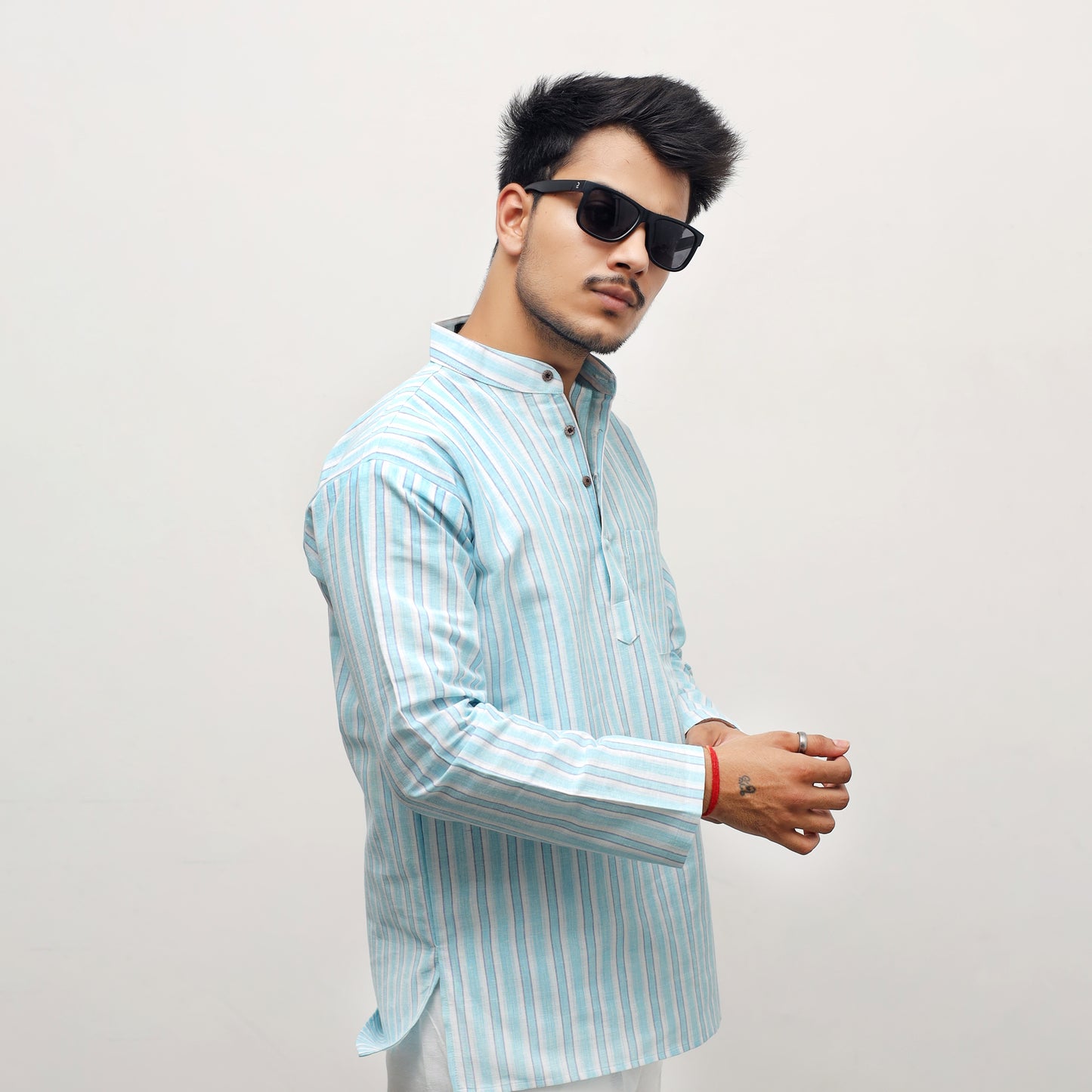 White Striped Full Sleeves Short Kurta-Blue
