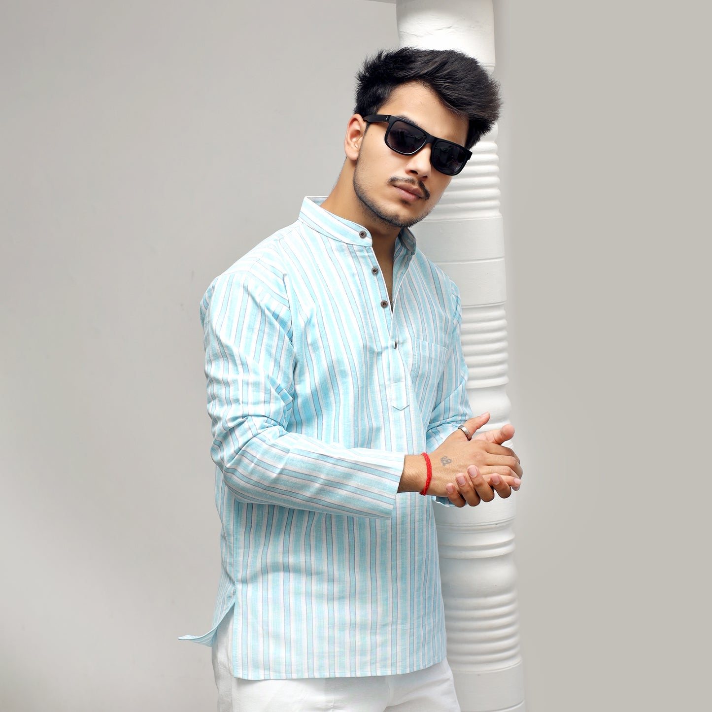 White Striped Full Sleeves Short Kurta-Blue