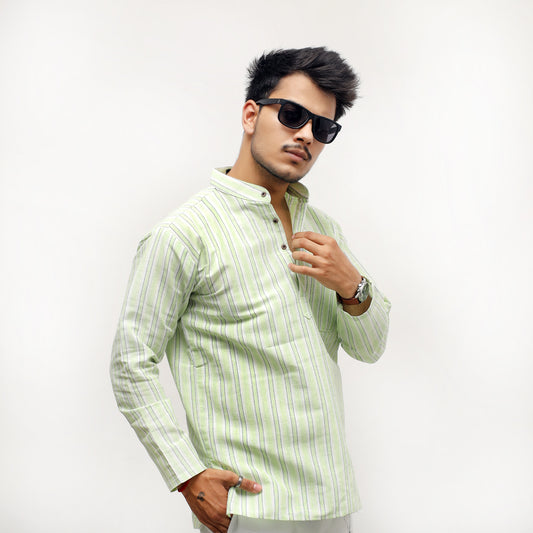 White Striped Full Sleeves Kurta Pant-Green