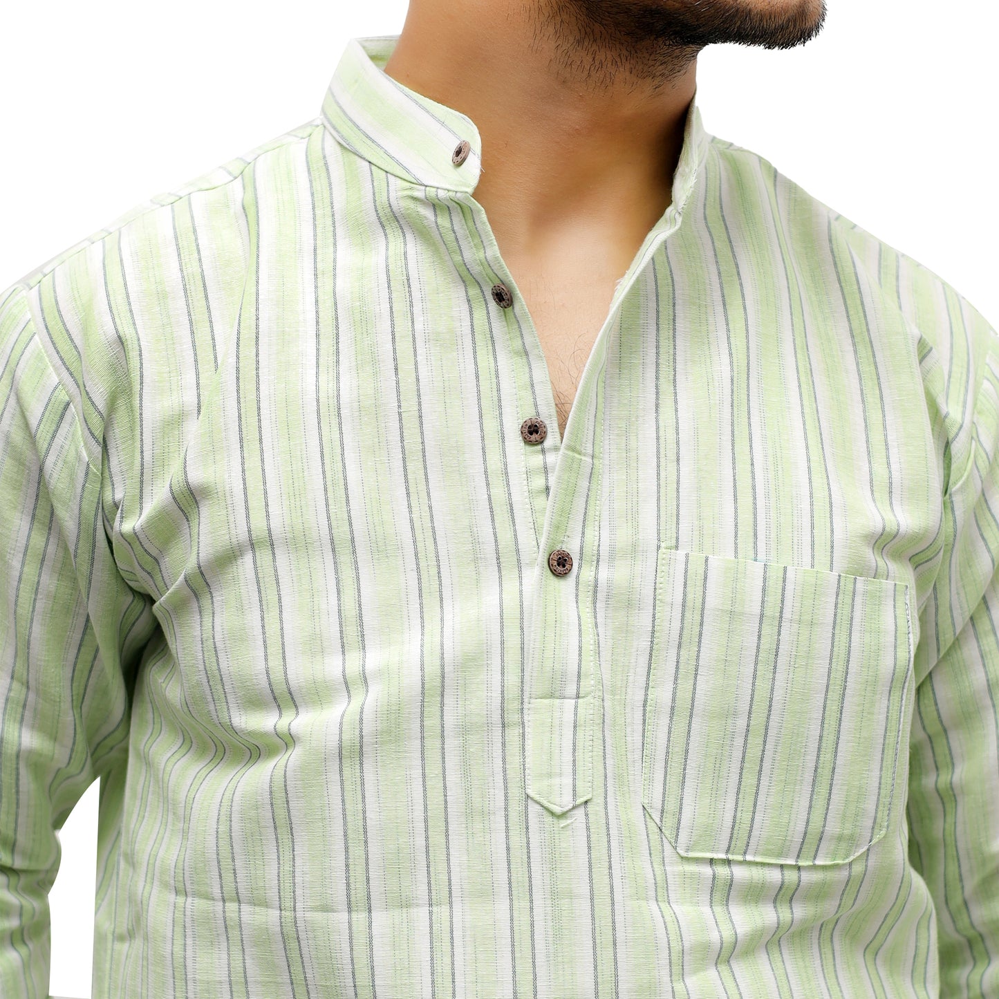 White Striped Full Sleeves Kurta Pant-Green