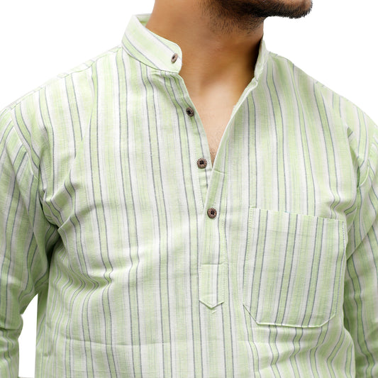 White Striped Full Sleeves Kurta Pant-Green