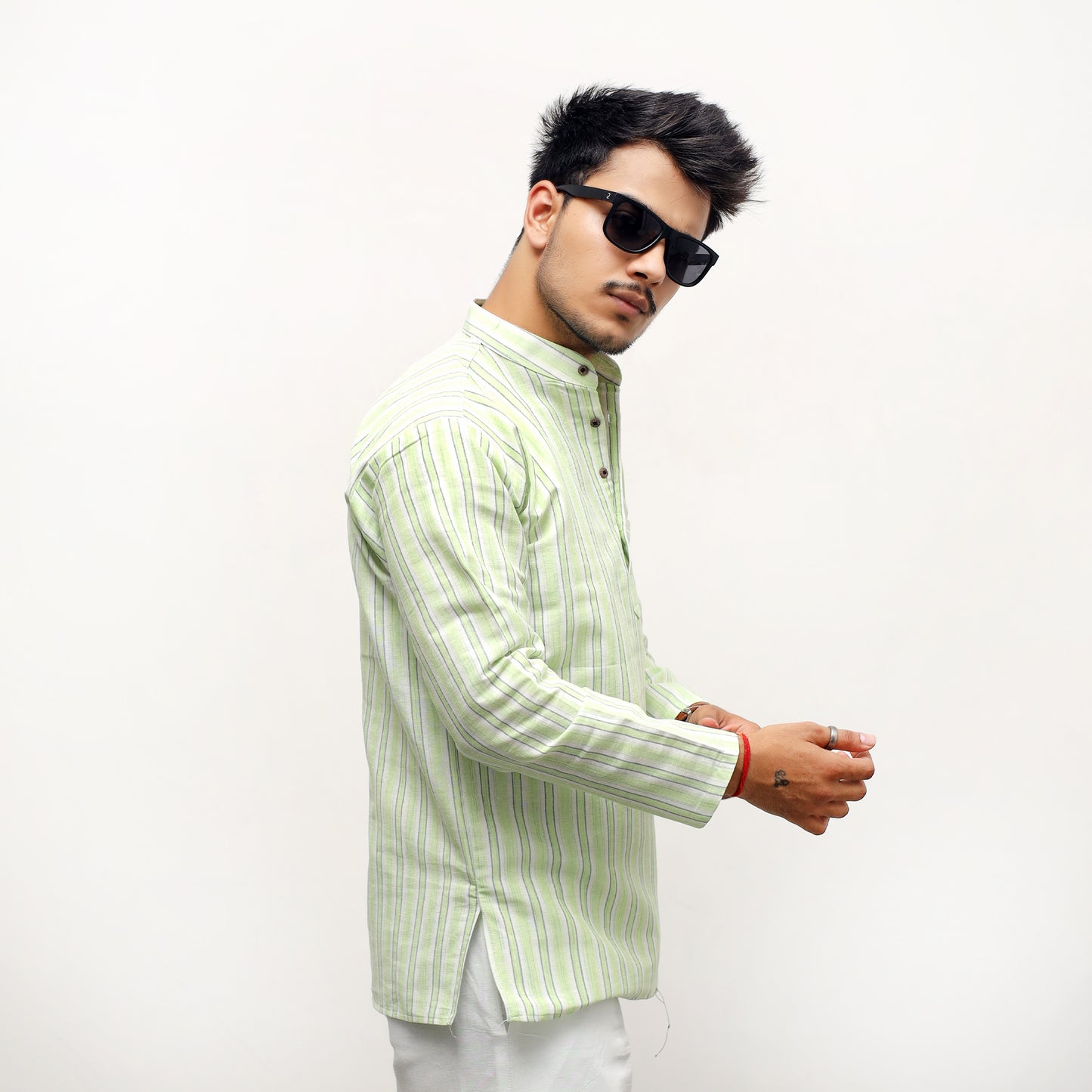 White Striped Full Sleeves Kurta Pant-Green