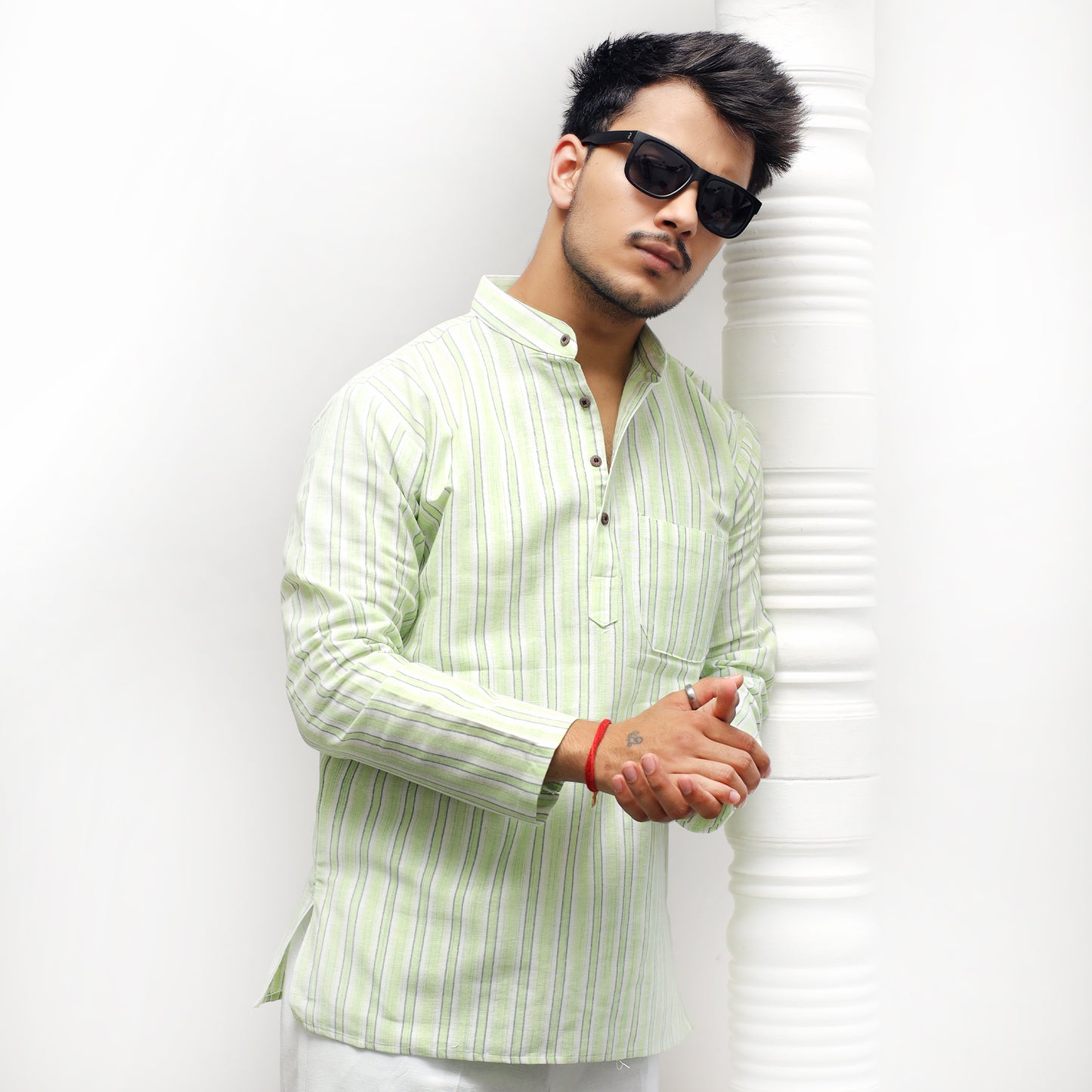 White Striped Full Sleeves Kurta Pant-Green