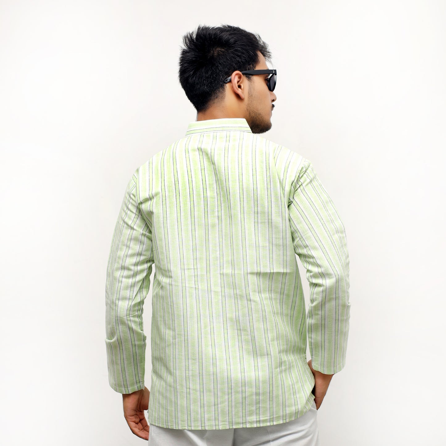 White Striped Full Sleeves Kurta Pant-Green