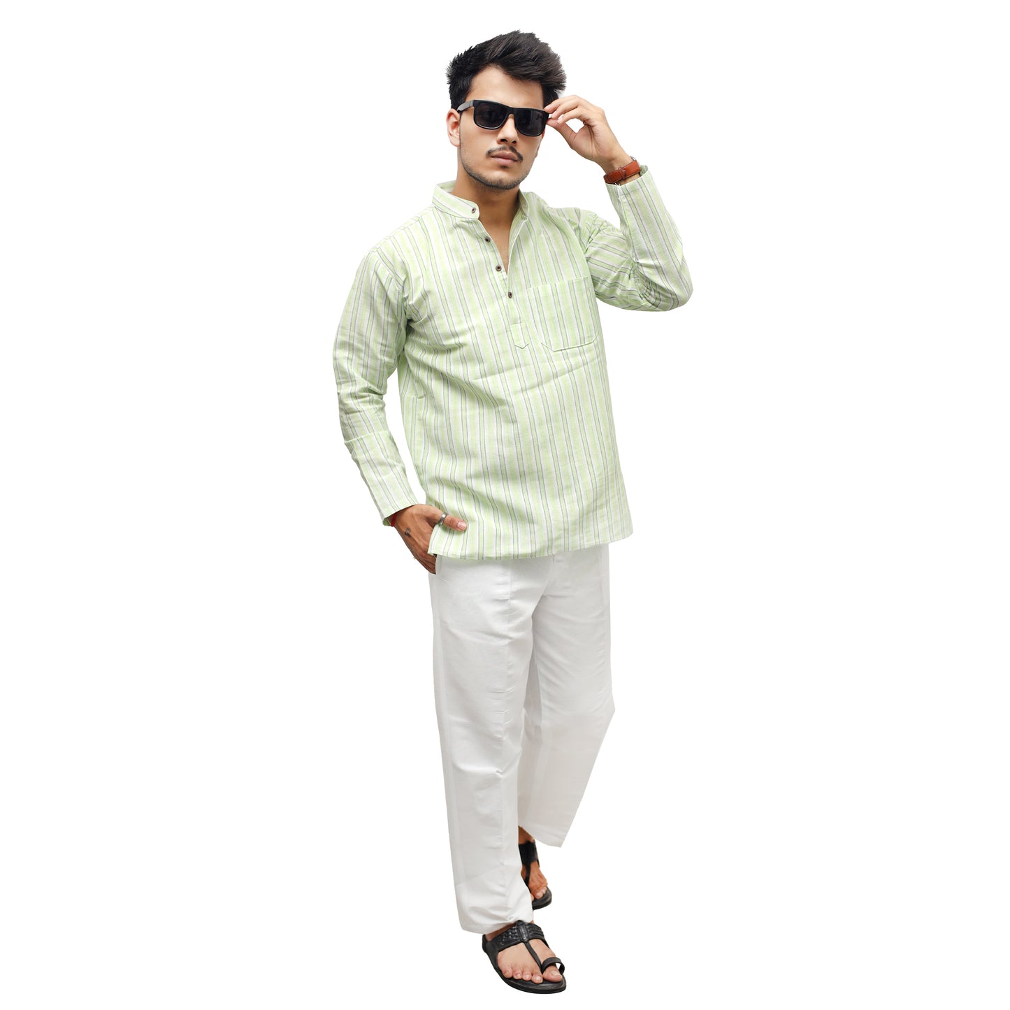 White Striped Full Sleeves Kurta Pant-Green