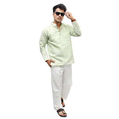 Combo Set White Striped Full Sleeves Kurta Pant-Green