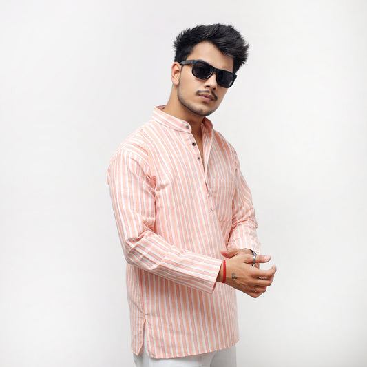 White Striped Full Sleeves Kurta Pant-Orange