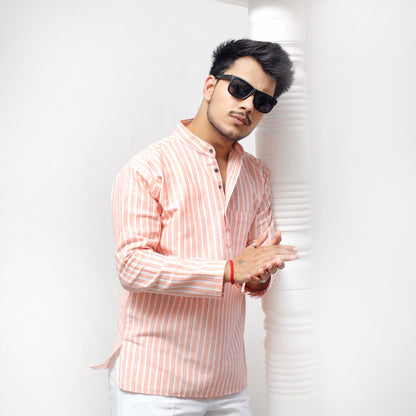 Combo Set White Striped Full Sleeves Kurta Pant-Orange