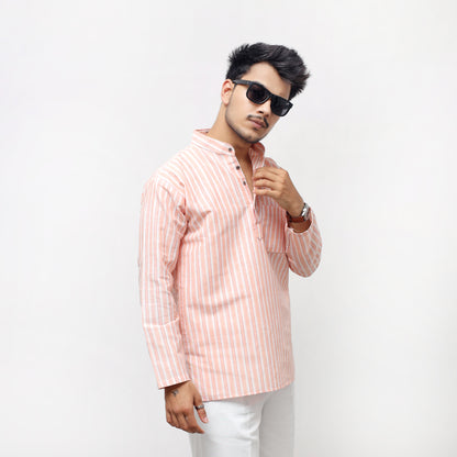Combo Set White Striped Full Sleeves Kurta Pant-Orange