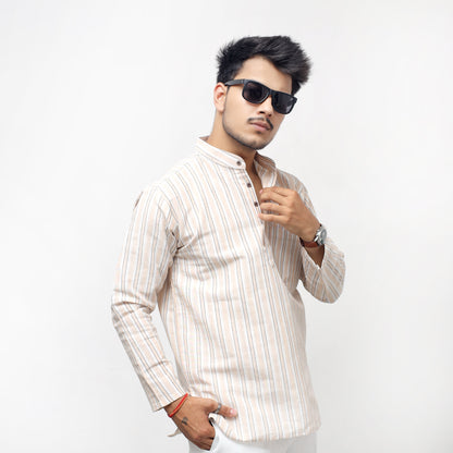 Combo Set White Striped Full Sleeves Kurta Pant-Skin