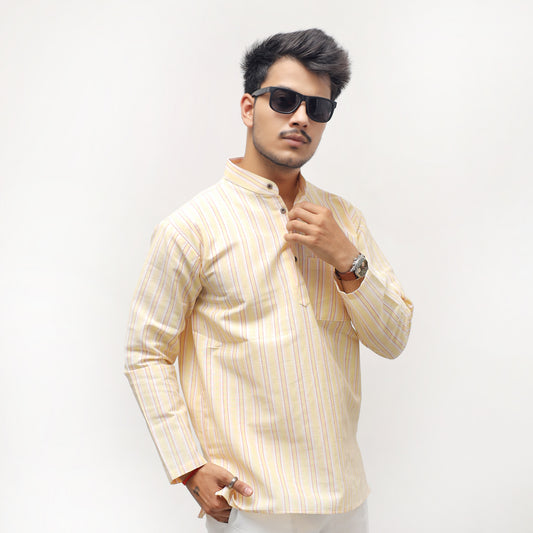 White Striped Full Sleeves Kurta Pant-Yellow