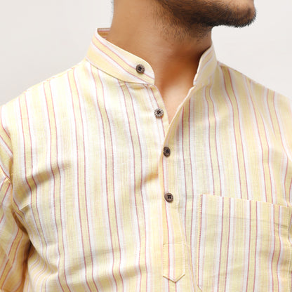 Combo Set White Striped Full Sleeves Kurta Pant-Yellow