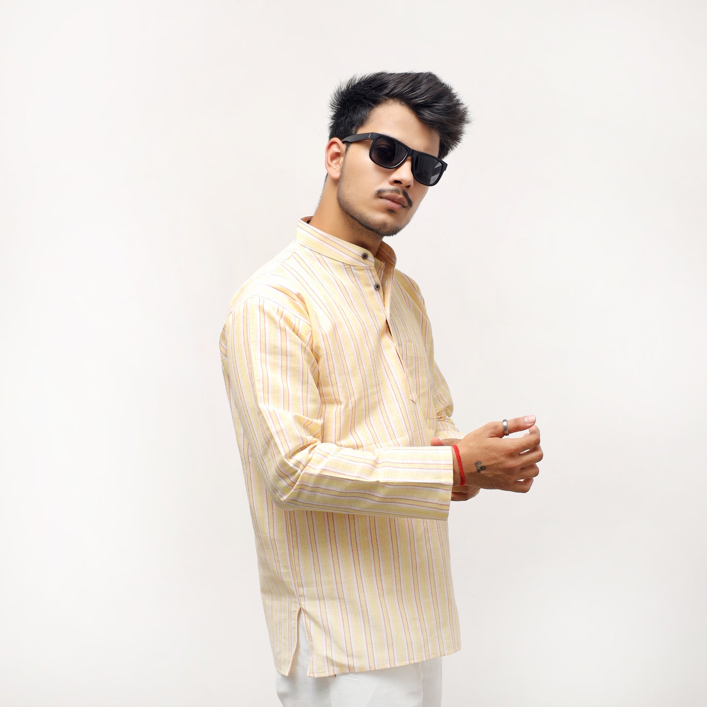 White Striped Full Sleeves Kurta Pant-Yellow