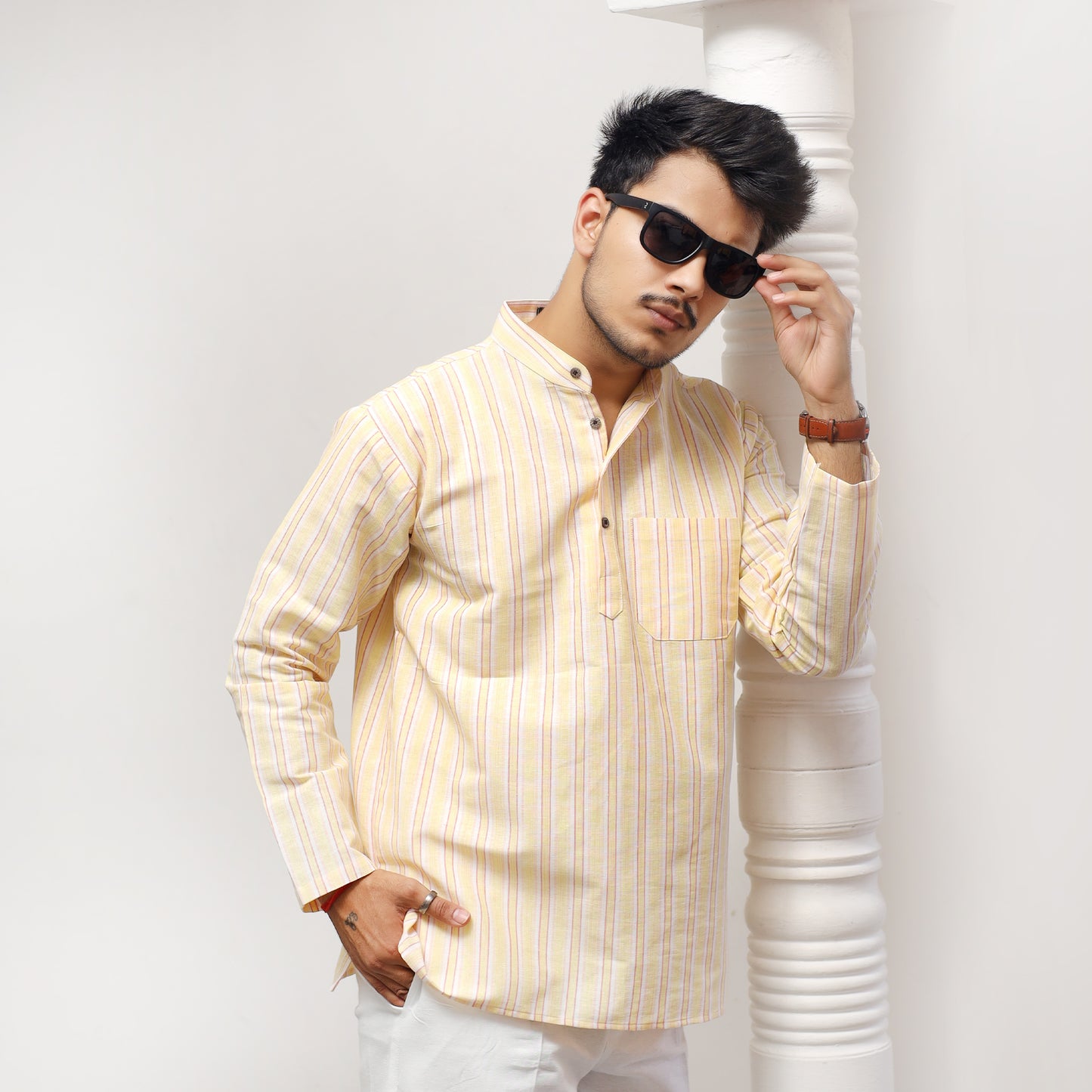 White Striped Full Sleeves Kurta Pant-Yellow